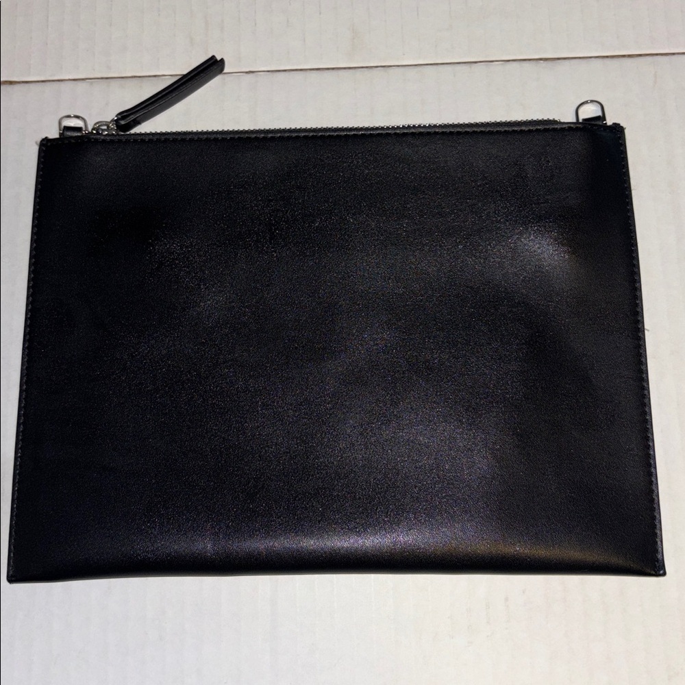 M&S COLLECTION BLACK VEGAN LEATHER CLUTCH HAS SILVER HARDWARE LOOPS FOR A CHAIN